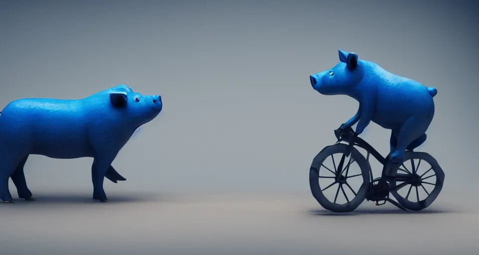 Image similar to a blue pig riding a bicycle, atmospheric lighting, 4 k, realistic