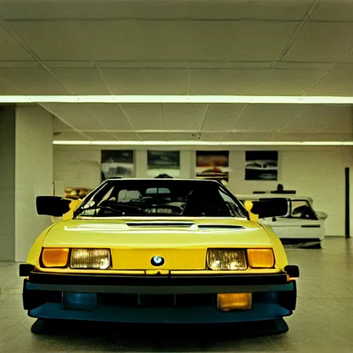 Prompt: 1979 BMW M1, inside of an auto dealership, ektachrome photograph, volumetric lighting, f8 aperture, cinematic Eastman 5384 film