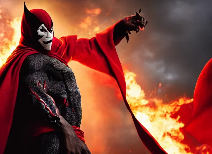 Image similar to film still of michael b jordan as spawn in the new spawn movie, giant chains, large cape, 8 k