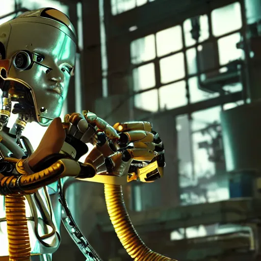 Image similar to a close up shot of a robot repairing in factory,cyberpunk,2077