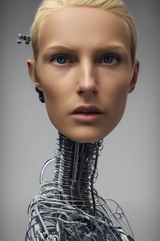 Image similar to robot with human face, female head, full body angle, woman human face, human face realistic, beautiful blonde hair, human head, human head with blonde hair, blonde hair human head, blonde hair, human realistic face, human head skin, cyborg frame concept, cyborg by ales-kotnik, sci-fi android female, the body is made of wires, robotic body, cyborg body, cyborg bust body, robot body cyborg, full body