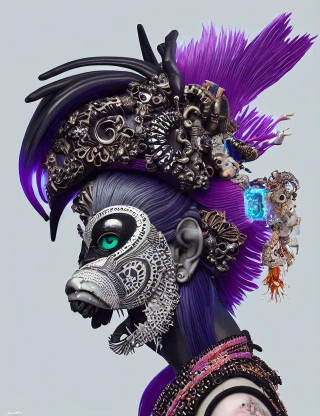 Image similar to 3 d goddess close - up profile portrait punk with mohawk with ram skull. beautiful intricately detailed japanese crow kitsune mask and clasical japanese kimono. betta fish, jellyfish phoenix, bio luminescent, plasma, ice, water, wind, creature, artwork by tooth wu and wlop and beeple and greg rutkowski