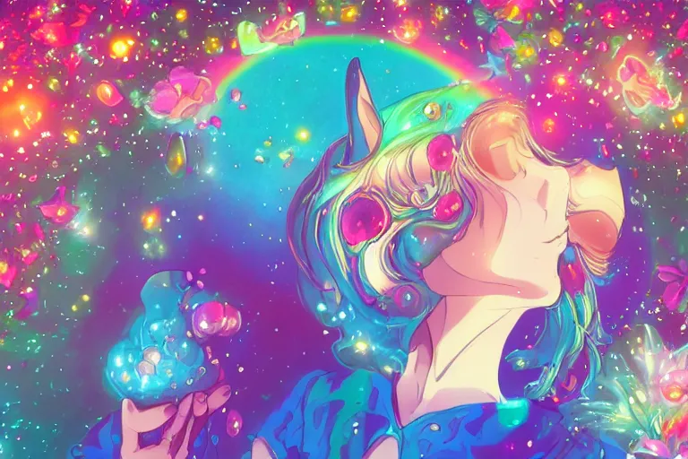 Prompt: psychedelic, whimsical, anime, 4k, beautiful seductive woman with fox ears smoking weed, with professional makeup, long trippy hair, a crystal and flower dress, sitting on a reflective pool, surrounded by gems, underneath the stars, rainbow fireflies, trending on patreon, deviantart, twitter, artstation, volumetric lighting, heavy contrast, art style of Greg Rutkowski and viktoria gavrilenko and Ross Tran
