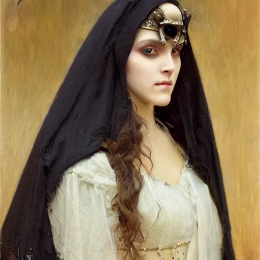 Image similar to portrait of a young women wearing a black cloak with a skull for a face, ultra realistic and highly detailed painting by gaston bussiere and j. c. leyendecker 8 k