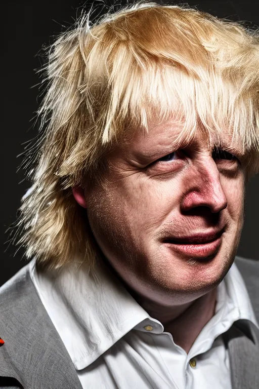 Prompt: boris johnson with very long hair, tied in ponytail, photographed, portrait, photographic, hdr, 4 k