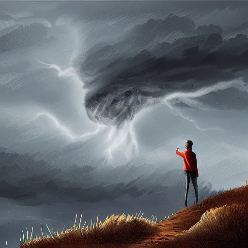 Image similar to a regretful man on a hill and storm is coming, digital painting, futured, ultra detailed