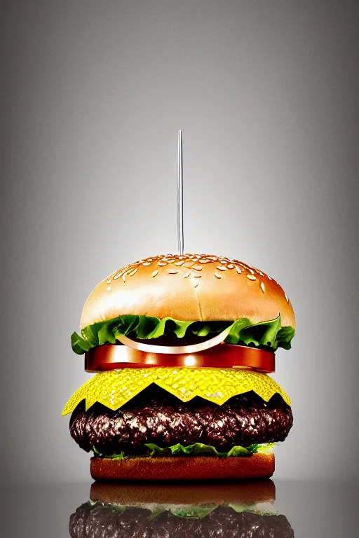 Image similar to crystal in form of burger, symmetry, cinematic, elegant, expensive, luxury materials, perfect light, perfect composition, dlsr photography, sharp focus, 4 k, ultra hd, sense of awe, by tiffany and swarovski