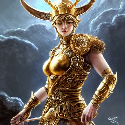 Image similar to a beautiful valkyrie, norse warrior, wearing a golden armor with norse and viking jewelry by karol bak, ayami kojima, amano, moebius, concept art, character design, fantasy, 3 d, 8 k resolution