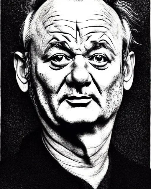 Image similar to bill murray, hyper realism, fine details, deviantart artstation, extremely detailed, black and white, very sharp, in the style of albrecht durer, etching,