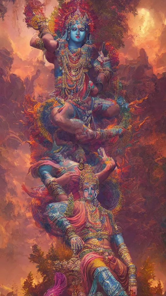 Prompt: painting of a beautiful rendition of the mythical vishnu, illustration, artistic, colorful, hyper detailed, in the style of greg rutkowski,