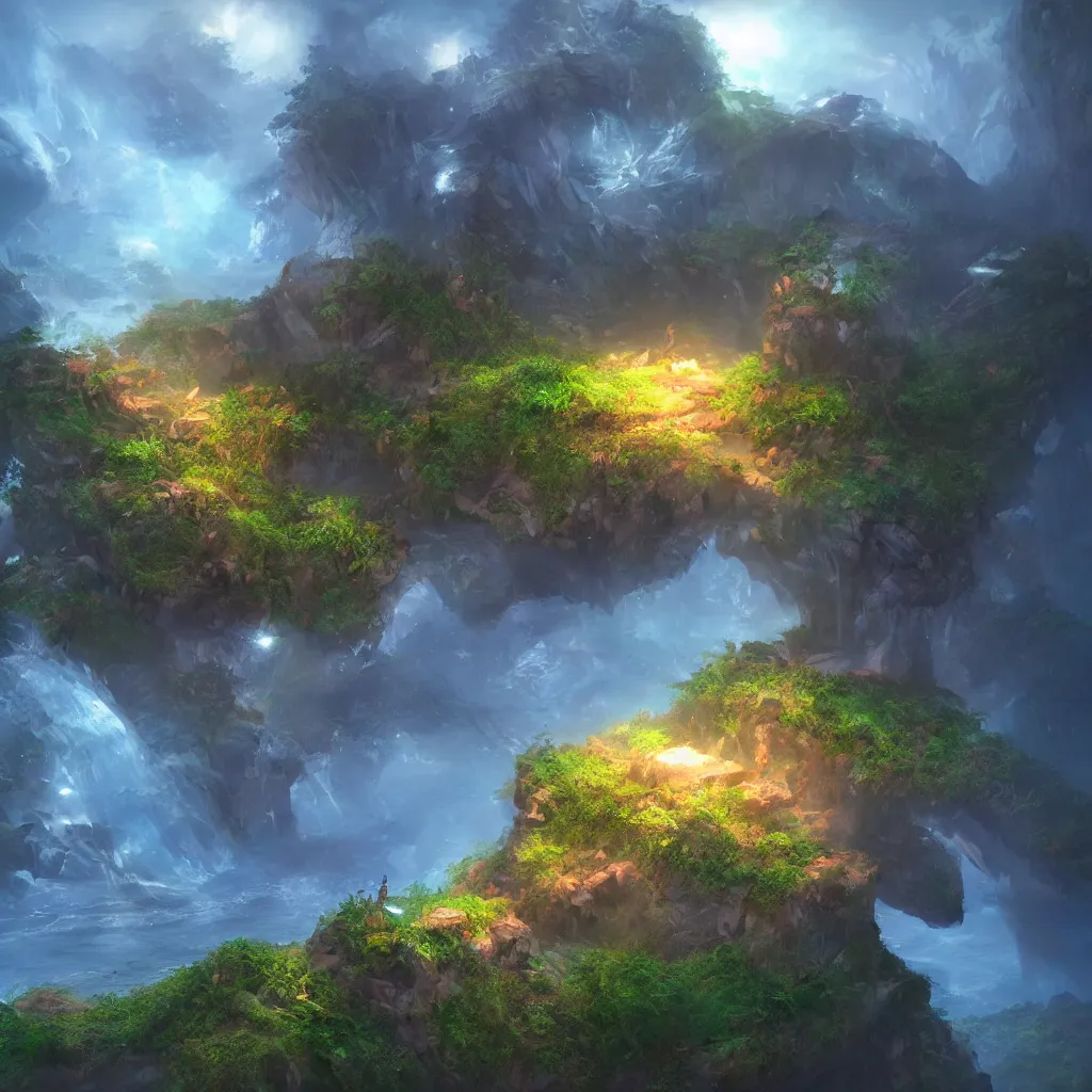 Image similar to magical island, art station, volumetric lighting, beautiful, sharp focus, ultra detailed, concept art