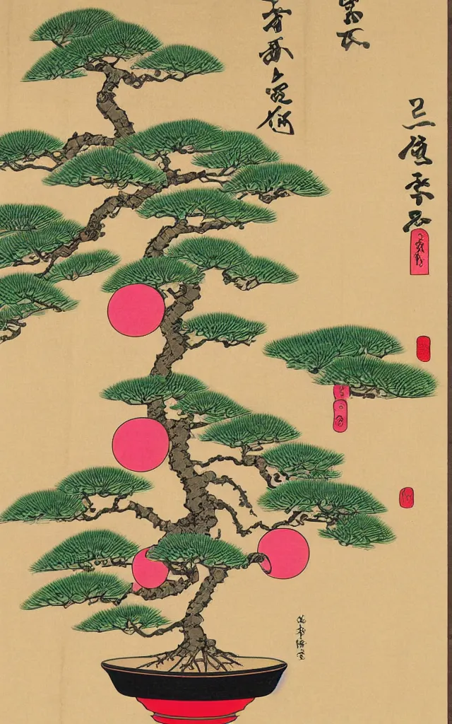 Image similar to an ukiyo-e banner depicting a bonsai tree inside a light bulb. The bonsai tree is on the base of the bulb. The bonsai tree has pink flowers on them.