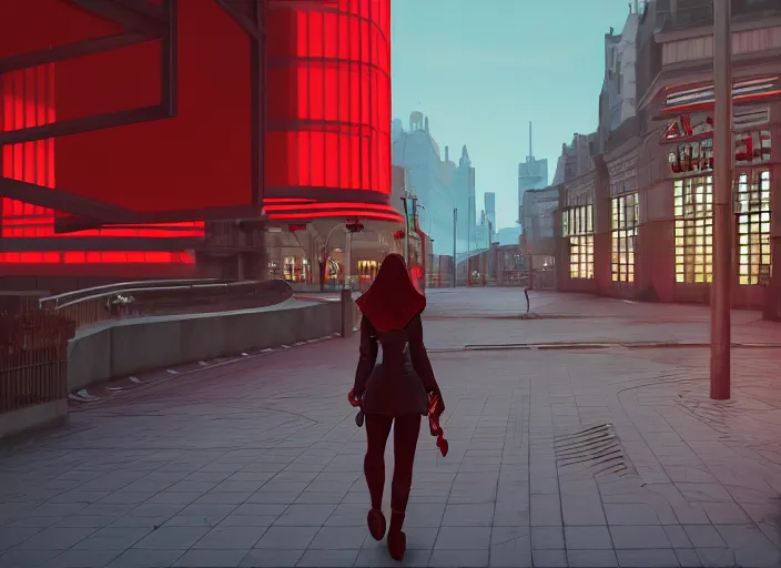 Image similar to inspiring beautiful girl carrying a red propaganda flag walking through beautiful futuristic city by Edward Hopper and Dan Mumford, Unreal Engine 5, Lumen, Nanite