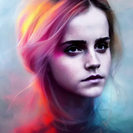 Prompt: emma watson, portrait by ruan jia and miho hirano, colorful, vibrant, majestic, royal open wide eyes, flowers on hair, glowing light orbs, intricate concept art, elegant, digital painting, smooth, sharp focus, ethereal opalescent mist, outrun, vaporware, cyberpunk darksynth, ethereal, ominous, misty, 8 k, rendered in octane