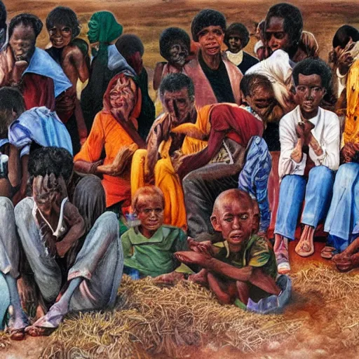 Prompt: a photorealistic acrylic painting of the 1984 famine and drought in Ethiopia as seen on Live Aid