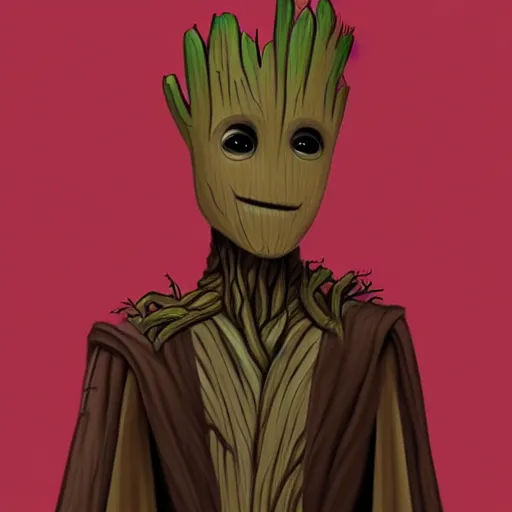 Prompt: Groot wearing Jedi robes, digital painting