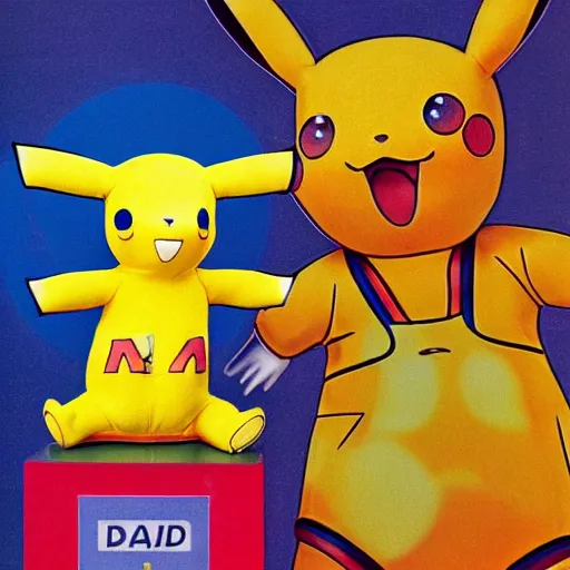 Prompt: 1990s weird dad vibes with mannequin dressed as Pikachu , 4k, abstract surrealism masterpiece