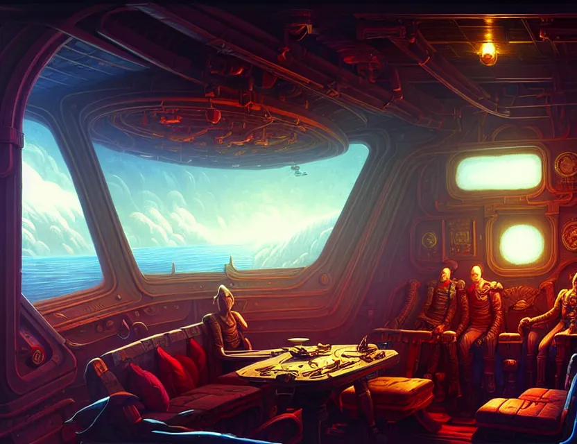 Prompt: interior view in the captain's cabin of a flying ship, d & d spelljammer fantasy art, artstation contest winner, beautiful digital painting in the style of dan mumford, art by kev chan, volumetric lighting, concept art, speedpainting, fantasypunk, deep colors, cgsociety, by gerald brom