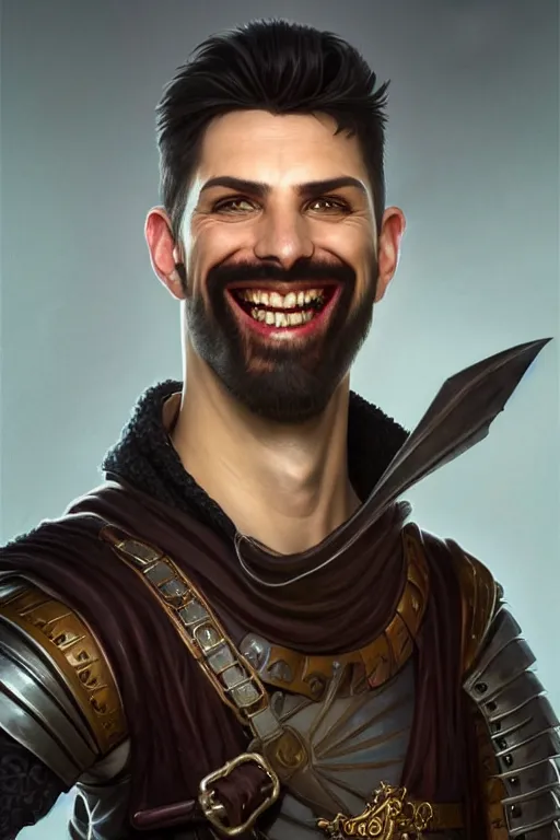 Prompt: portrait of a grinning male thief, looking at camera, D&D, leather armor, very short dark hair, intricate, elegant, stylish, cute smile, fantasy, extremely detailed, digital painting, artstation, concept art, smooth, sharp focus, illustration, ambient lighting, art by artgerm and greg rutkowski and alphonse mucha and simon stalenhag