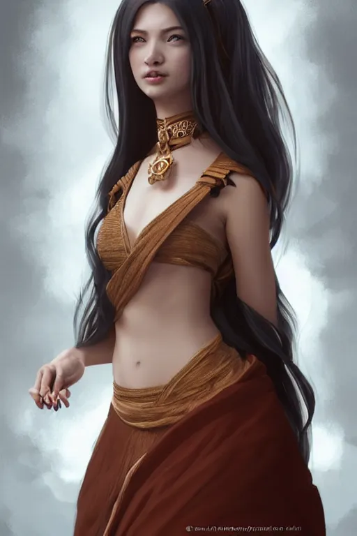 Image similar to a full body portrait of a gorgeous female monk, D&D, choker on neck, face visible, stylish dress, very long flowing hair, intricate, elegant, stylish, cute slightly nerdy smile, mouth slightly open, fantasy, highly detailed, digital painting, artstation, concept art, smooth, sharp focus, illustration, art by artgerm and greg rutkowski and alphonse mucha