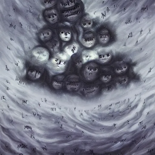 Prompt: a dark storm cloud made out of hundreds of sad ghostly faces. berserk. lovecraftian. painting.