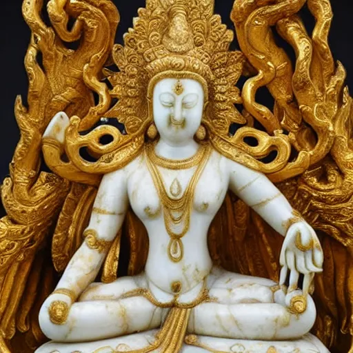 Image similar to marble and gold statue of a many - armed goddess sitting full lotus