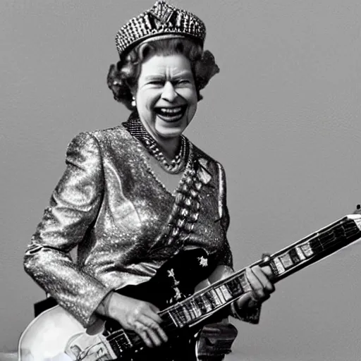 Image similar to Queen Elizabeth II rocking out on guitar, on stage at Coachella, photorealism