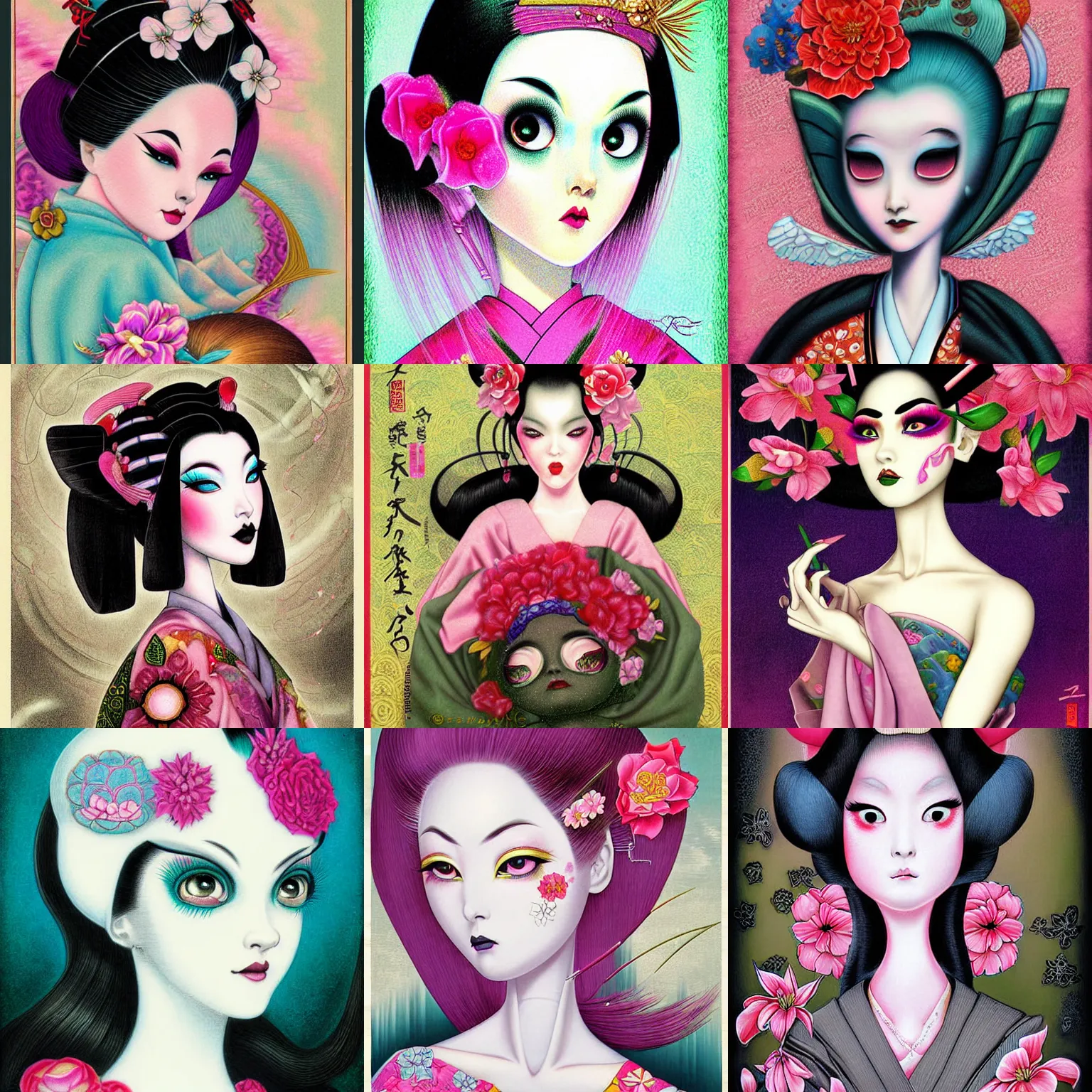 Prompt: digital painting of an pastle goth geisha by terese nielsen, mark ryden, lori earley in the style of, vintage shoujo, fantastic planet, 6 0 s poster art, minimalist poster art, flowers, stipple art, artgerm