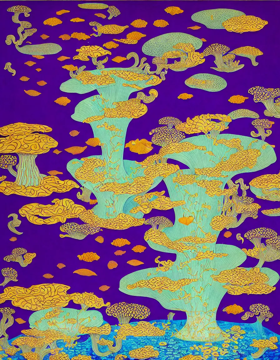 Prompt: vase of mushroom in the sky and under the sea decorated with a dense field of stylized scrolls that have opaque purple outlines, with koi fishes, ambrosius benson, kerry james marshall, afrofuturism, oil on canvas, hyperrealism, light color, no hard shadow, around the edges there are no objects
