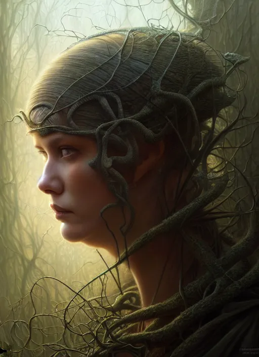 Image similar to closeup portrait shot of a connection with nature in a scenic dystopian environment, intricate, elegant, highly detailed, centered, digital painting, artstation, concept art, smooth, sharp focus, illustration, artgerm, tomasz alen kopera, peter mohrbacher, donato giancola, joseph christian leyendecker, wlop, boris vallejo