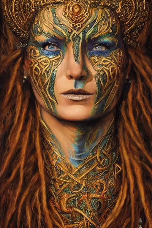 Prompt: portrait of a powerful celtic queen in the style of bob eggleton with face paint. glowing, ornate and intricate, stunning, dynamic lighting, intricate and detailed