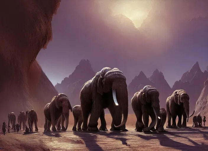 Prompt: the big large expedition with a crowd of adventurers being brought by gigantic transport mammoths carrying stuff towards the desert of duhnes medium shot, key art by craig mullins, bloom, dramatic lighting, cinematic, high details