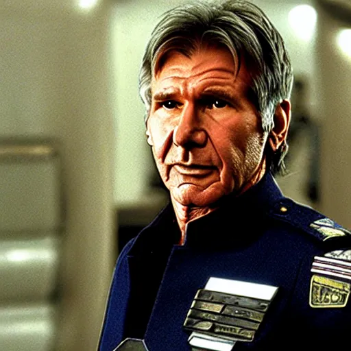 Image similar to A still of Harrison Ford as Commander Adama in Battlestar Galactica (2003), dark blue uniform