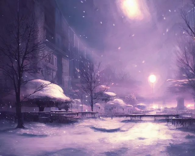 Image similar to scenery artwork, scene beautiful, light!! light essential calm and cozy winter world snow and night, surrealism oil on canvas, artstation!! pixiv!! dream scenery, quality wlop projection render, nier automata concept art, vaporwave textures