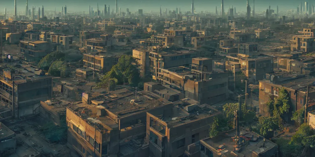 Prompt: a wholesome animation key shot of a post apocalyptic city urban landscape seen from above, covered by nature hipster vibes by studio ghibli, animation, sharp, rendered in unreal engine 5, focused, anime key art by greg rutkowski, bloom, dramatic lighting