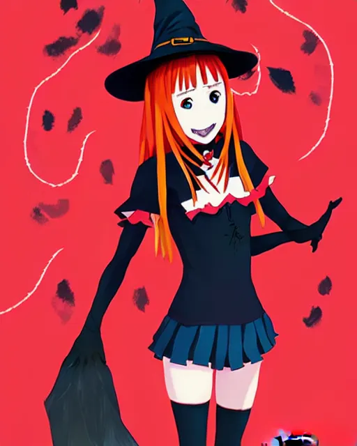 Image similar to full body beautiful anime witch girl Taissa Farmiga sharp teeth, red glowing hair, smiling, full body pose, symmetrical face symmetrical eyes, blurry background, Jamie McKelvie comic art, Alexandra Fomina artstation, face by Ilya Kushinov style, style by Loish, Norman Rockwell, painterly style, flat illustration