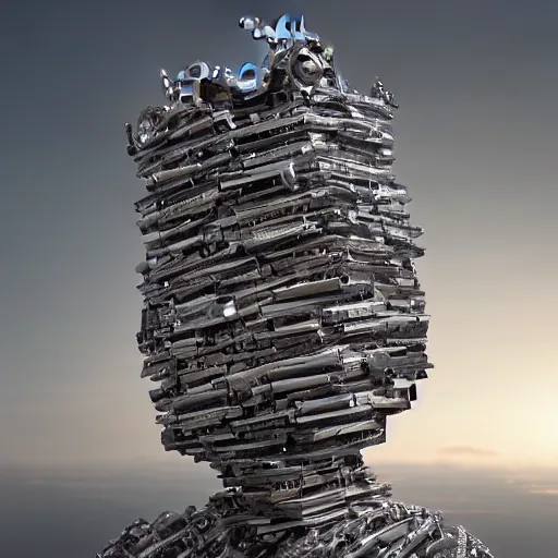 Prompt: by Andrea Chiampo and Frederik Heyman, a pile of robotic figures stacked upon each other, a highly realistic digital representation, an incredibly lifelike figure, great volumetric lighting, hyperrealism, and a fantasy atmosphere, 4k,