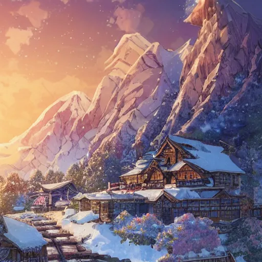 Image similar to the aesthetic view of the beautiful, grand, wistful, dreamy snowcapped mountain at dusk, hyperrealistic anime illustration by iralki nadar, colorful, extremely detailed, intricate linework, super sharp focus, bright colors, octopath traveler, studio ghibli, unreal engine 5 highly rendered, global illumination, radiant light, detailed and intricate environment