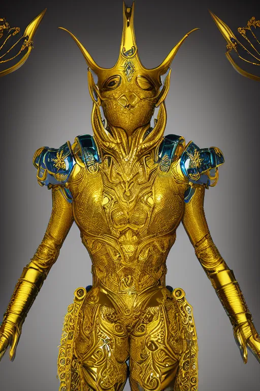 Image similar to full body portrait of a symmetric hyper realistic elegant alien, blue metallic skin, jewelry intricate details, unreal engine5, octane, with gold filigree mask and body armor