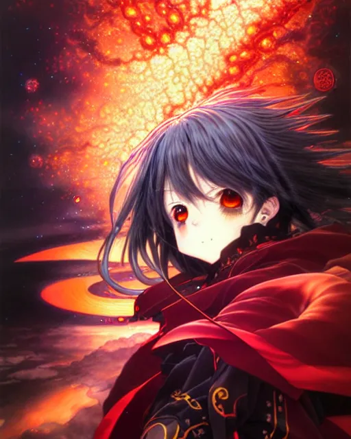 Image similar to megumin casts explosion, an ultrafine detailed painting by ayami kojima, cgsociety, fantasy, anime digital art, lovecraftian, cosmic horror, detailed painting