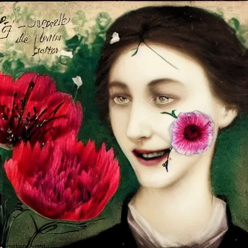 Prompt: a smile of sweetest flowers, wilted so and soured black tears stain the cheeks that once were so admired