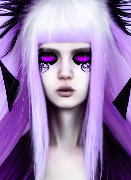 Image similar to hair whitebangs hair, black cyberlox, portrait of normal teenage girl, white bangs, messy bangs, fluffy bangs, cyberlox, whitebangs, red contact lenses, purple background, intricate, elegant, highly detailed, digital painting, artstation, concept art, sharp focus, smooth, illustration, art by wlop, mars ravelo and greg rutkowski