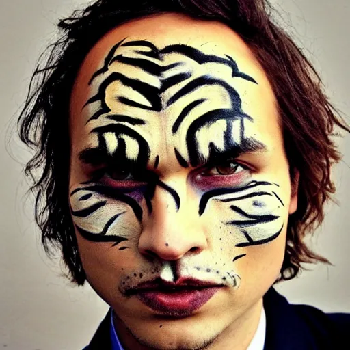 Prompt: portrait of frank dillane with tiger face paint, realistic, detailed, intricate