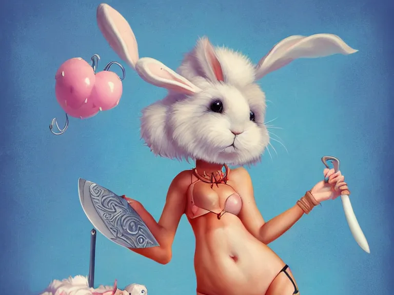 Prompt: a cute fluffy girl rabbit standing in a pool of water and holding a knife makes slicing motions through the air. Lowbrow, pop surrealism art style, contemporary art illustration, pin-up art, intricate, character concept art, 8K detail post-processing, by Steven Stahlberg, trending on ArtStation