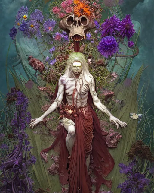 Image similar to the platonic ideal of flowers, rotting, insects and praying of cletus kasady carnage davinci dementor chtulu mandala ponyo dinotopia the witcher, fantasy, ego death, decay, dmt, psilocybin, concept art by randy vargas and greg rutkowski and ruan jia and alphonse mucha