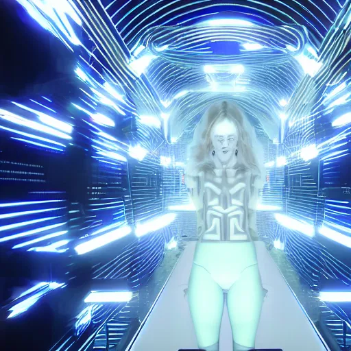 Image similar to chromatic cyborg female discovering her own consciousness in a mirror maze (Unreal Engine, 3D, Reflections, Glossy, Hyer-Realistic, Futuristic, Noise, Gradient)