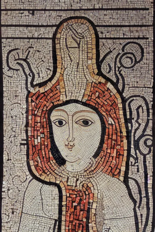 Image similar to a ceramic mosaic of goddess of roses, detailed faces, intricate detail, ancient babylonian art, occult art, alchemical diagram