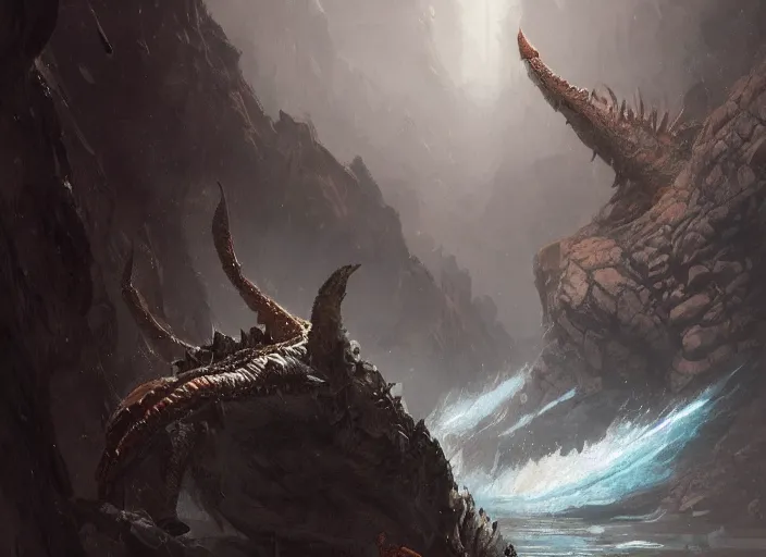 Image similar to a gigantic crustacean monster in a rocky chasm, dramatic fantasy art by greg rutkowski
