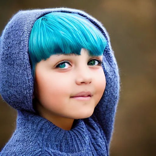 Image similar to beautiful cute girl with short blue hair, big brown eyes, wearing a brown sweater