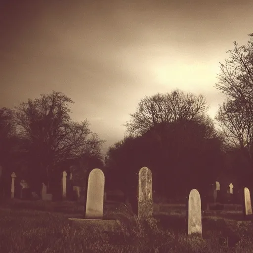 Prompt: haunted graveyard, soft light, dark, night, creepy, sprawling landscape,